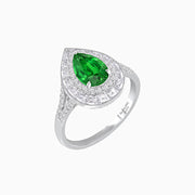 Art Deco Inspired Pear Cut Double Halo Ring with Baguette Diamonds - Shahin Jewelry